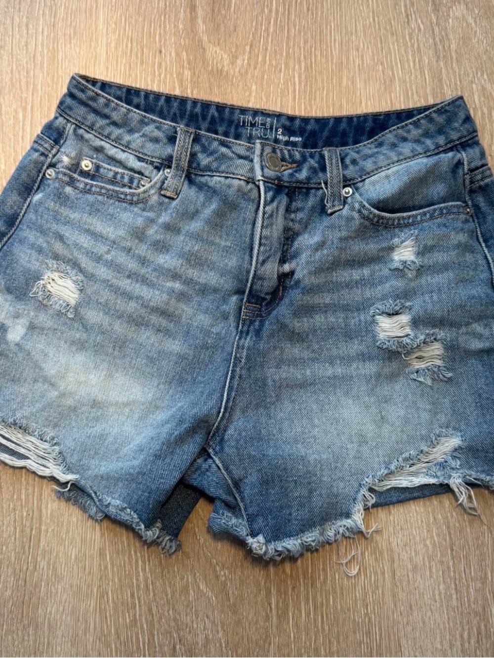 Time and Tru Blue Distressed High-Rise Jean Shorts